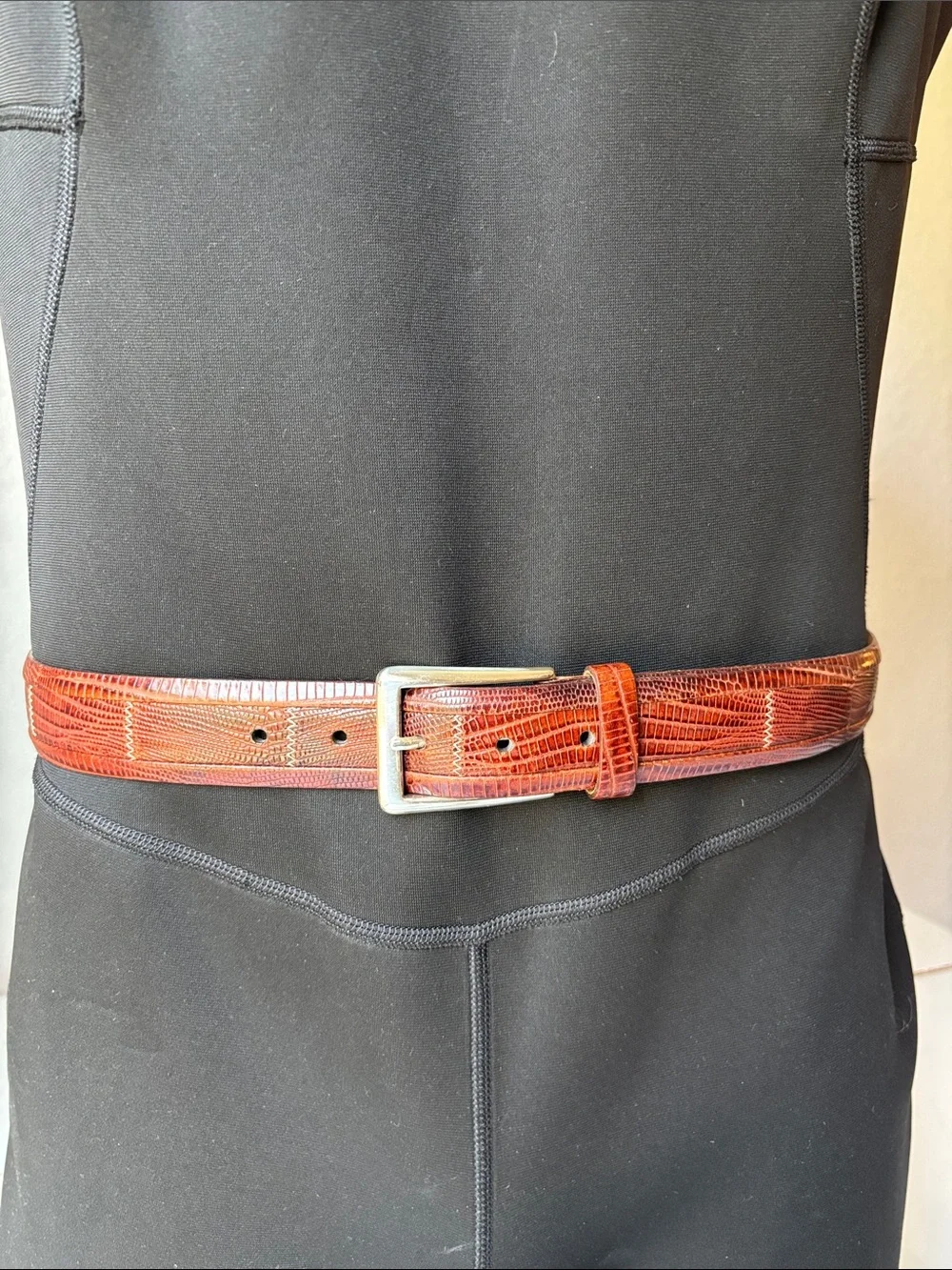 Brown Lizard Embossed Leather Men's Belt with Silver Buckle